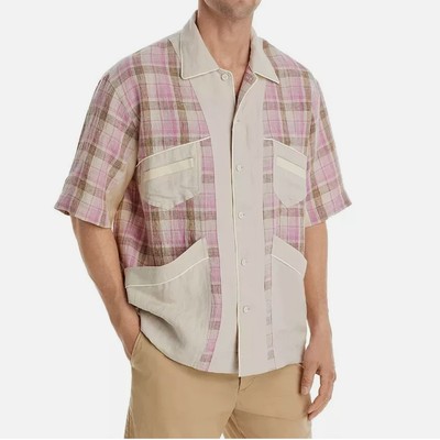 NWOT Nicholas Daley Linen Mento Patchwork Button Shirt Pink Beige Streetwear XL