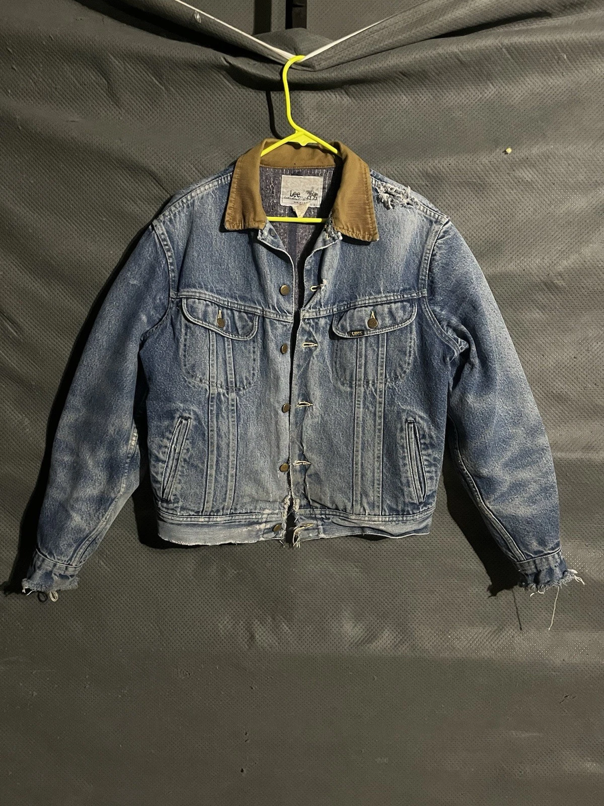 Vintage Lee Storm Rider Blue Denim Jacket Men's 42L Made USA Brown Corduroy Col…
