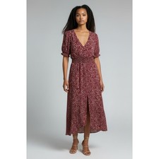Hayden Floral Midi Dress Women's Medium Red Excellent Smocked High-Low V-Neck