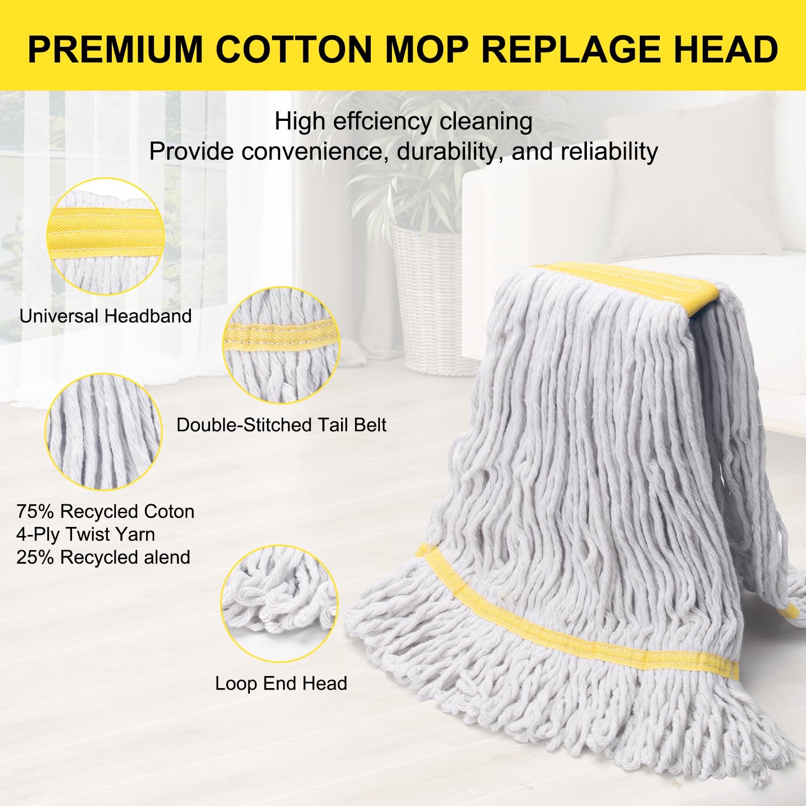 6 Pack Heavy Duty Commercial Mop Head Replacement,Wet Industrial Cotton Loope...