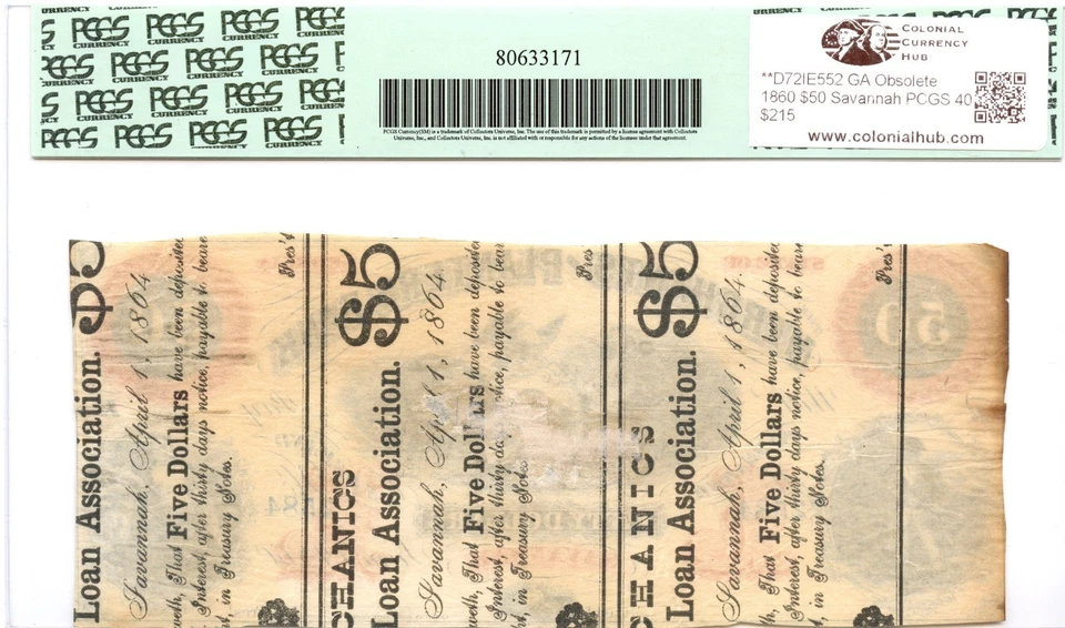 1860 $50 Merchants & Planters Bank Savannah, GA Obsolete PCGS XF-40 - Image 2 of 2