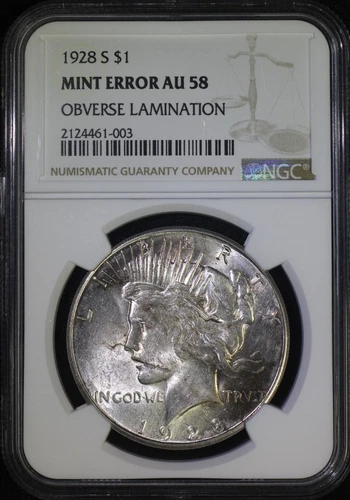 1928 S Peace Silver Dollar NGC AU58 Mint Error Obv Lamination - "Scarface"