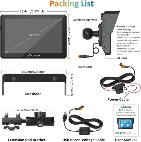 Carpuride 5" W502 Wireless CarPlay Android Auto Motorcylce Stereo BT *5652A0B - Picture 8 of 8