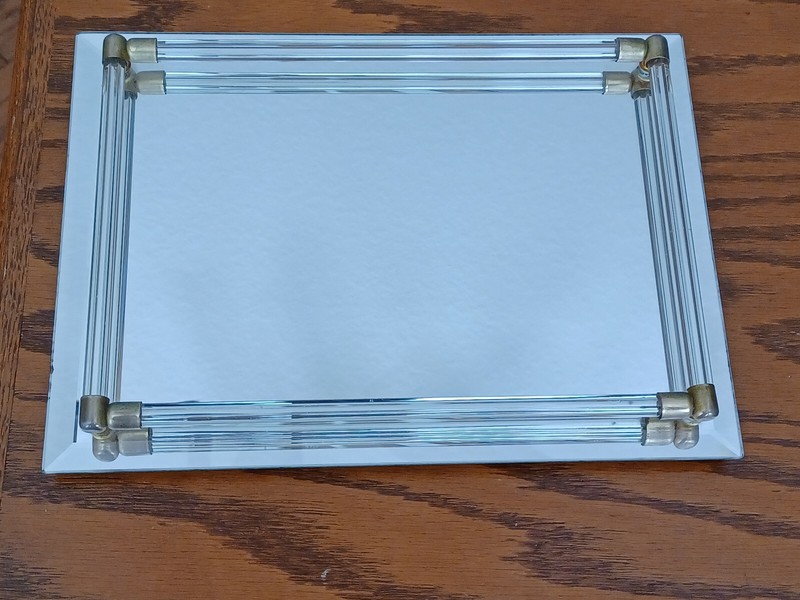 Vtg Glass Mirror Vanity/Dresser Brass Accent Tray Hollywood Glam Display Footed