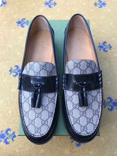 Gucci mocassini nappa scarpe Mongram tela pelle nera uomo UK 13 US 14 47 nuovi - Foto 3 di 15