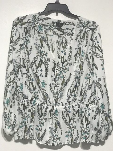 Worthington Womenâs 2X Blouse Semi-Sheer White & Floral Long Sleeve V Neck | eBay