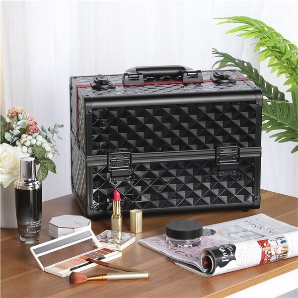 Make Up Box Large Professional Vanity Cosmetic Case w/Adjustable Dividers Black