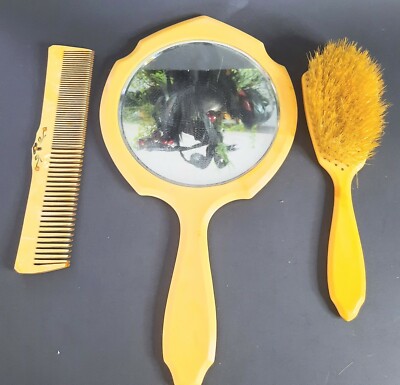 Celluloid Vintage Gold Comb, Brush, and Mirror Set Vintage Bakelite Celluloid mirror, Gold in color brush and  main image 4
