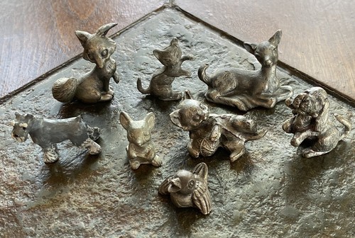 Vintage Pewter Miniature Figurines Animals Cat Fox Dog Bird Deer Bunny lot of 8 - Picture 1 of 9