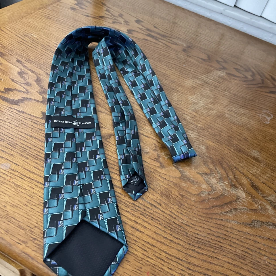 Corbata de poliéster Beverly Hills Polo Club para hombre clásica verde azulado negra geométrica Foto 4 de 4