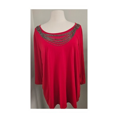 Essentials Red Beaded Necklace Top Blouse 2X EUC