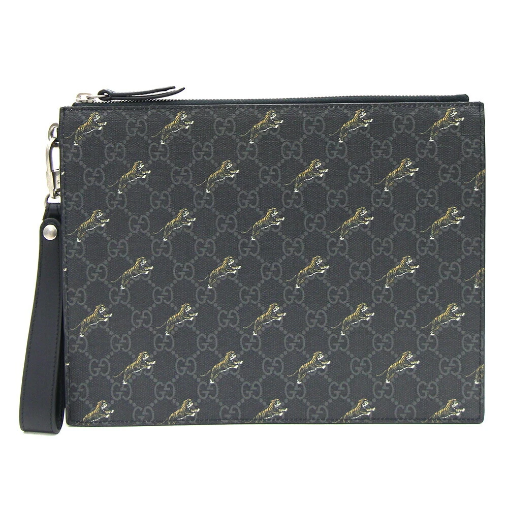 Sac pochette Gucci GG Supreme Tiger Print 575136 cuir PVC noir occasion seconde