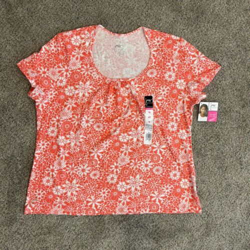 Just My Size Scoop Neck Tee Size 2X (18W/20W) Orange White Floral Shaped Fit NWT