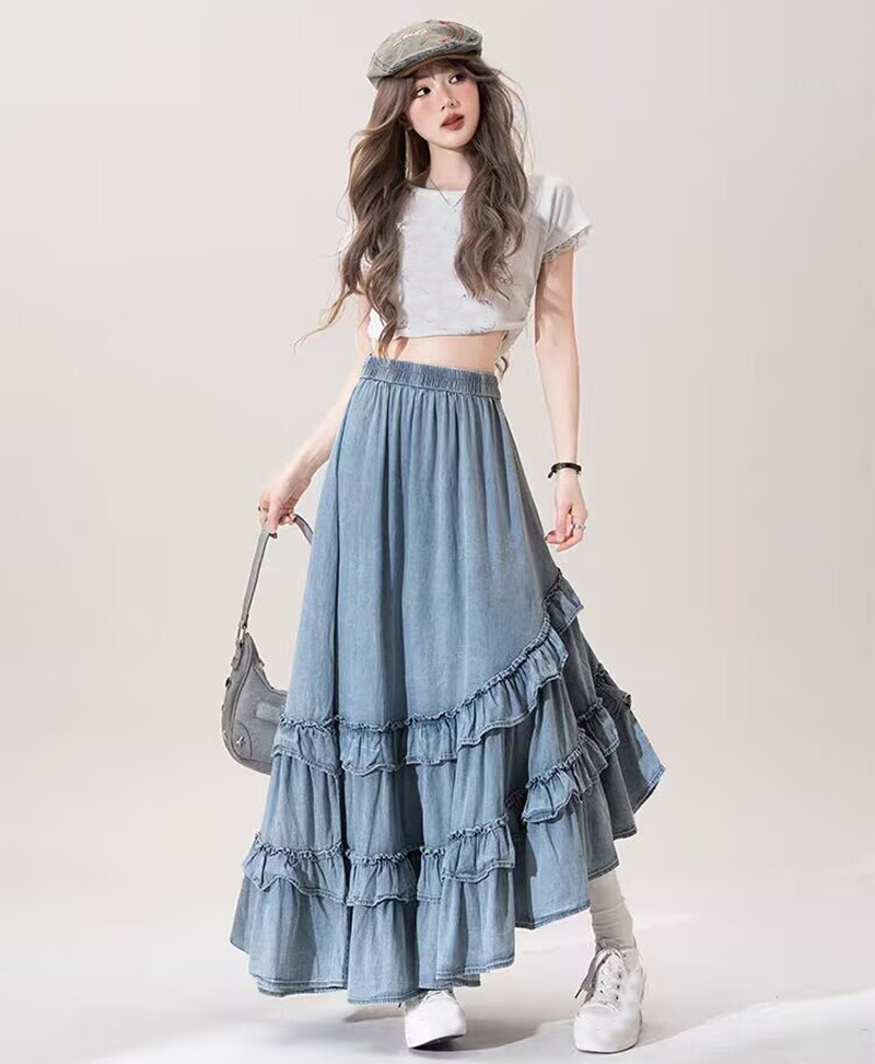 Fashion Women's Denim Ruffles A-Line Skirts Irregular Jean S