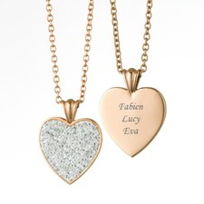 Rose Gold Necklace Personalised With Any Engraving, Heart Pendant with Crystals