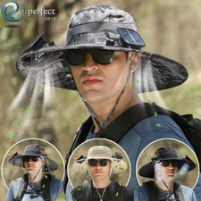 Outdoor Wide Brim Sun Bucket Hat with 2 Solar Fan UV Protection for Men Women