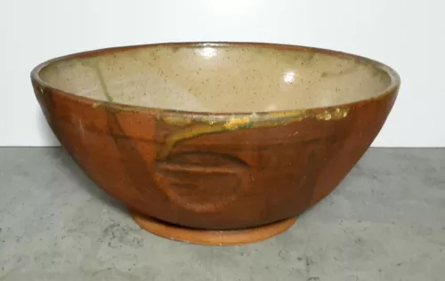 Studio Pottery Art Bowl Speck Drip Glaze Large Beige Brown Hand Thrown Signed H