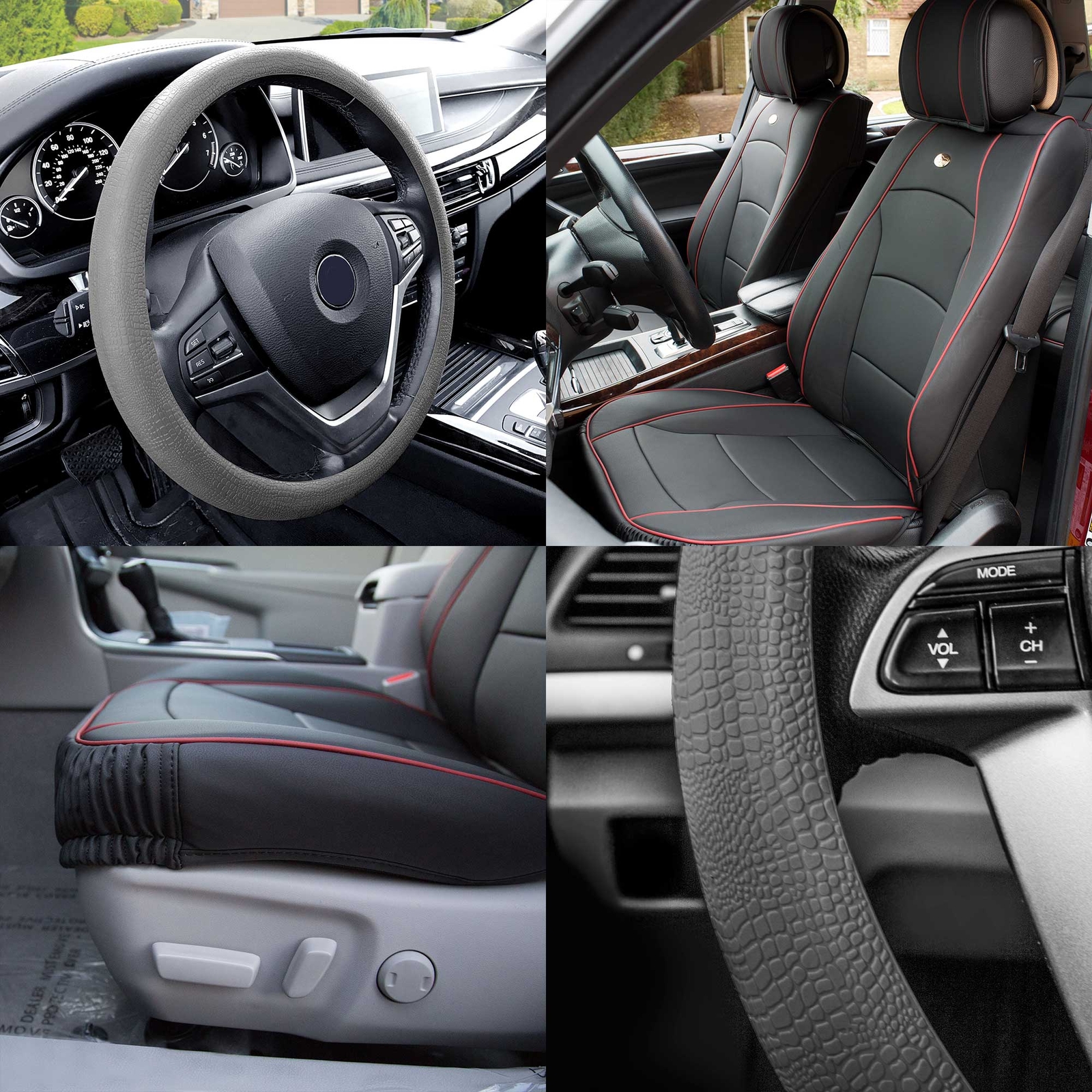 Car Seat Cover Leatherette Buckets Black w/ Gray Steering Cover For Motors