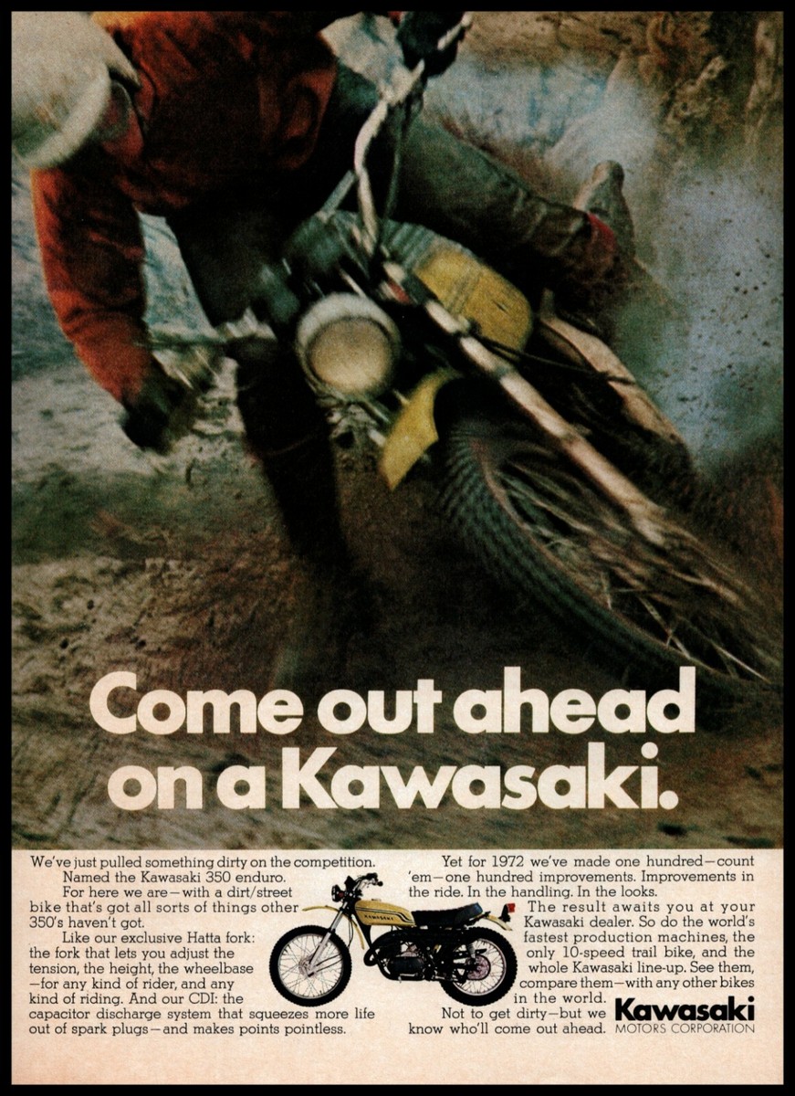 1972 Kawasaki 350 enduro Motorcycle Original Print Ad Free