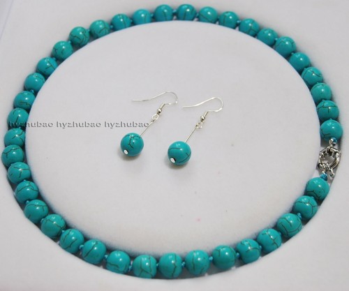 10mm Round Blue Turquoise Gemstones Beads Necklace + Earrings Jewelry Set AAA - Picture 2 of 6