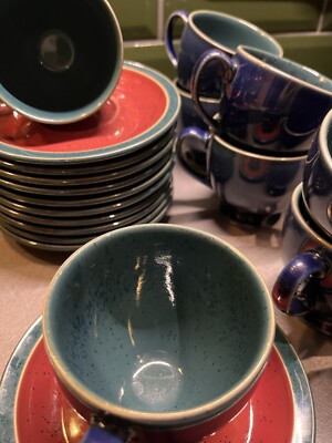 Denby Harlequin- 6 Tassen Und 5 Untertassen  - Blue & Green