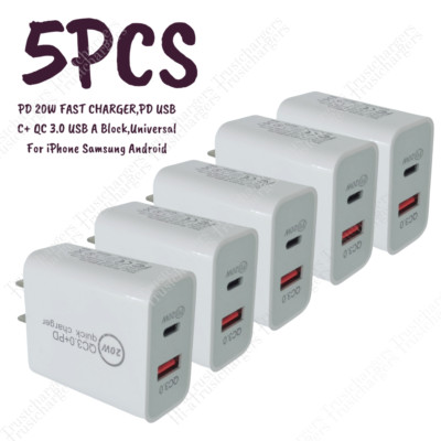 5X PD 20W Fast Charger Cube Dual Port USB A &Type C Plug For iPhone 16 15 14 Lot