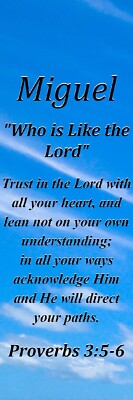 Miguel ''Who is Like the Lord'' Keepsake Name Meaning Bookmark w/ Verse & Tassel