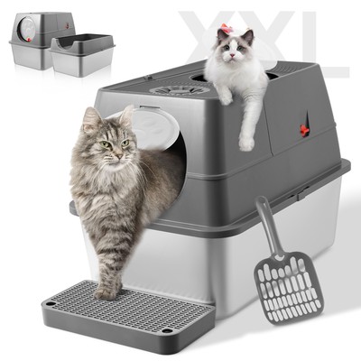 XXL Katzentoilette Edelstahl 70L mit Deckel Litter Box Katzenklo 60x40x44cm