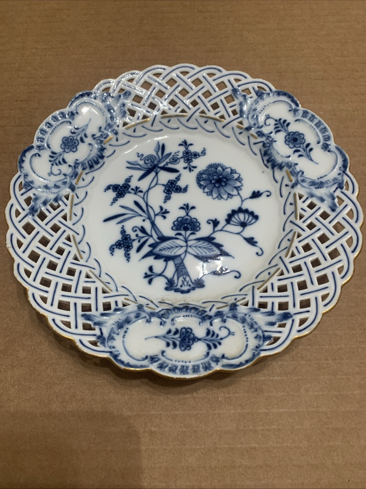 Meissen Porcelain Plate Blue Floral With Gold Trim And Crossed Swords (used)