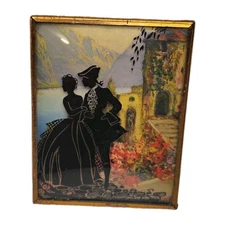 VTG 1930's Reverse Painted Convex Glass Framed Silhouette Couple 4.5" x 3.5" Art