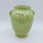McCoy Pottery Green Leaf Embossed Handled Urn Vase 1940s Early Pastels 8.5 Inch