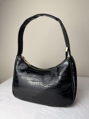 Black Croc Embossed Shoulder Bag | Gold Zip | Minimalist Hobo Style
