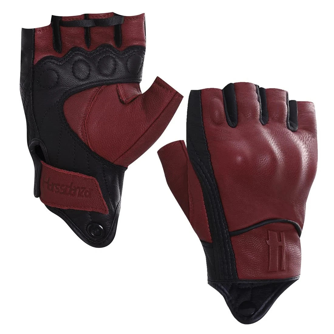Harssidanzar Mens Gloves Half Finger Goatskin Leather L, Oxblood/Black