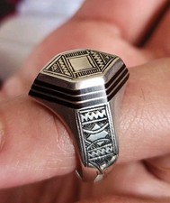 Chevalière Argent Vintage Gravée Bague Homme T53 Ethnique Formes Géométriques 