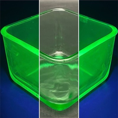 Anchor Hocking Uranium Glass Torn & Thistle Refrigerator Dish c1930s USA 5x5x3''