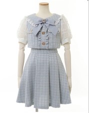 LIZLISA Light Blue Tweed Dress Set with Ribbon  Lace Sleeves Japan