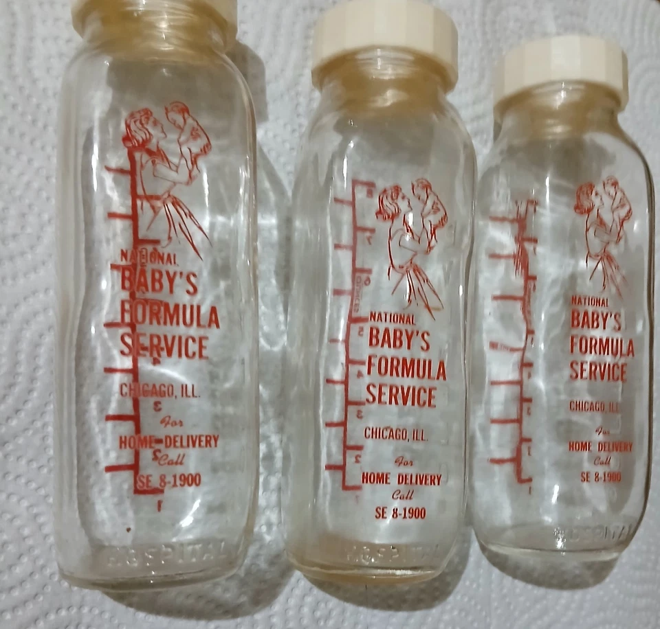 3 biberones de vidrio Evenflo vintage de los años 30 Servicio Nacional de Fórmula Chicago IL  Foto 2 de 4