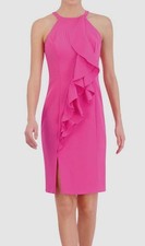 Vince Camuto Womens' Pink Laguna Crepe Ruffled Front High Neck Dress Size 16