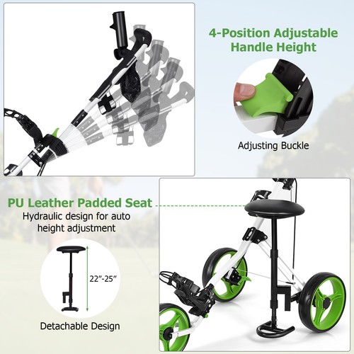 Foldable 3 Wheel Push Pull Golf Club Cart Trolley w/Seat Scoreboard Bag Swivel - Picture 4 of 8