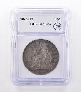1875-CC Seated Liberty Trade Dollar Genuine ICG Beautiful Tone a9205