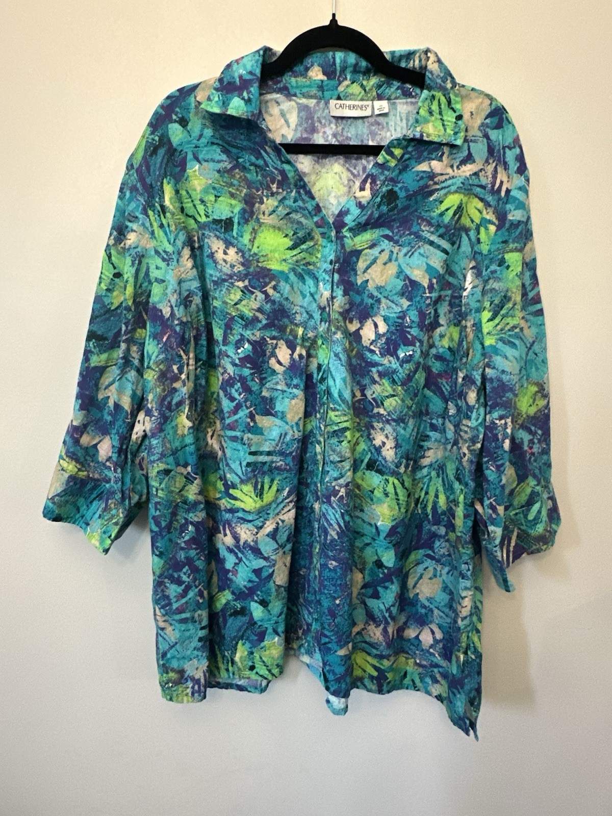 Catherines Print Buttonfront Shirt in a vibrant watercolor tropical print