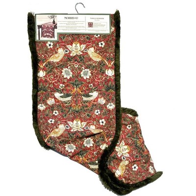 William Morris & Co Strawberry Thief Table Runner Red Olive Green Fringe 16x90 