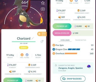 Pokemon Trade GO - Shiny Charizard & 3moves Level 40 PVP Master League Glurak