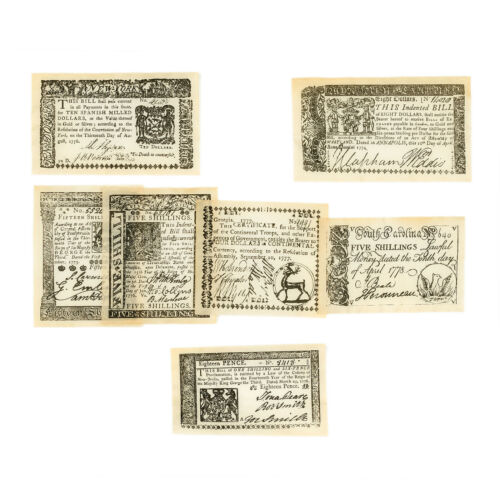 7 diff. US Colonial & Revolutionary 1770's Set A uniface currency reproductions - Picture 1 of 2