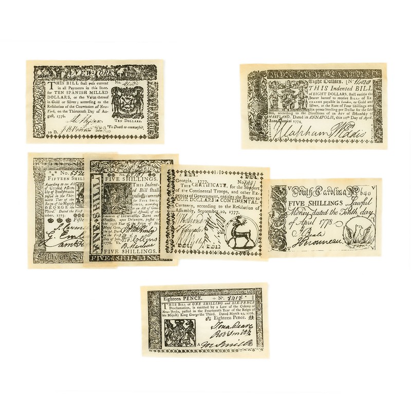 7 diff. US Colonial & Revolutionary 1770's Set A uniface currency reproductions