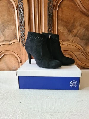 Paire De Bottines Bottes Boots A Talon Noir Nubuck Strass Paillettes 37 - Photo 1/4