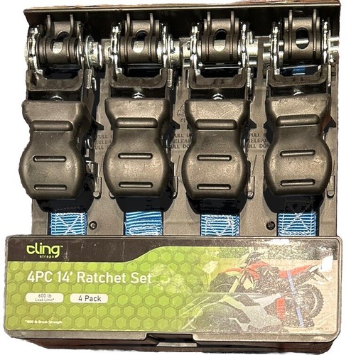 Cling Straps 4PC 14' Ratchet Set Tie-Down Straps, 600 lbs Workload - Blue, NEW! - 第 1/2 張圖片