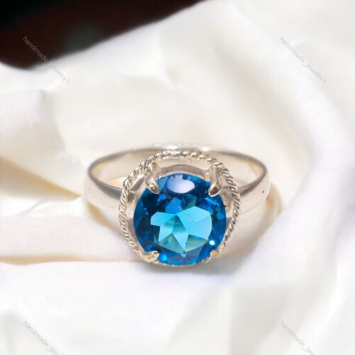 Swiss Blue Topaz Jewelry Sterling Silver Love Gift Ethnic Cocktail Ring Size 7 - Picture 1 of 6