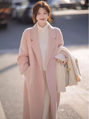 Pink Wool Coat Women's 2024 Winter New Casual Korean Chic Long Loose Wool  Jacket