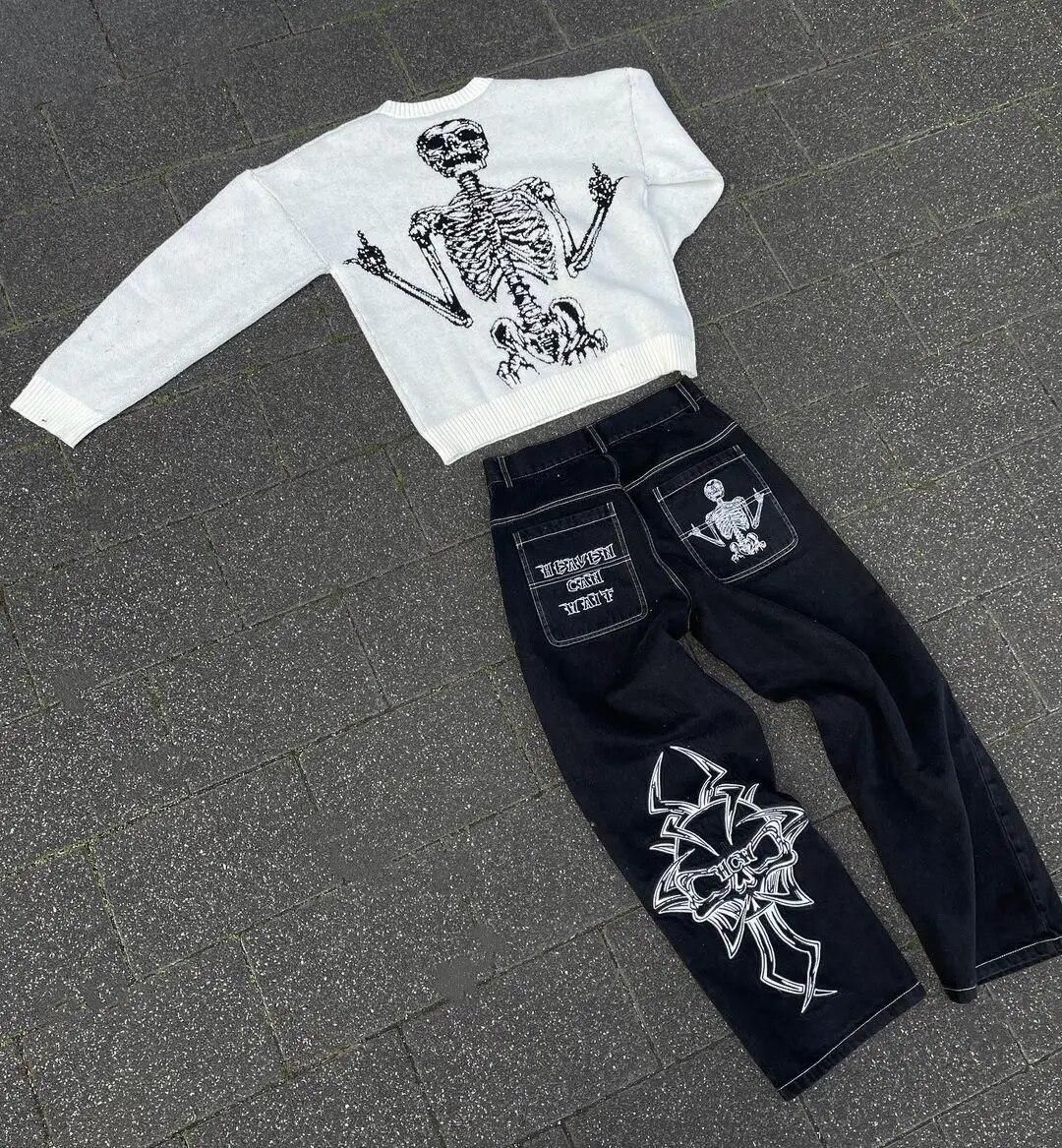 Y2k Jeans Mens Hip Hop Retro Skull Embroidery Washed Baggy Y2k Jeans Mens Hip Hop Retro Skull Embroidery Washed Baggy